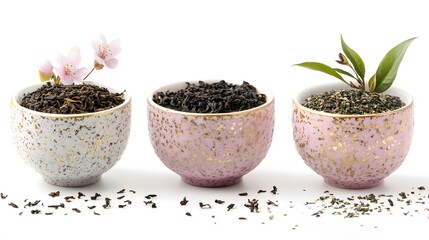 Assorted Dried Tea Leaves in Elegant Bowls with Flowers