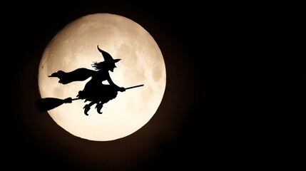 Classic witch silhouette flying across a full moon in retro banner style set against a clean white background during a mysterious night