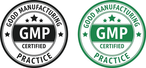 Two gmp certified seals in black and green on a white background