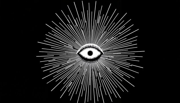 Eye symbol with radiating lines in geometric style on black background   - Powered by Adobe