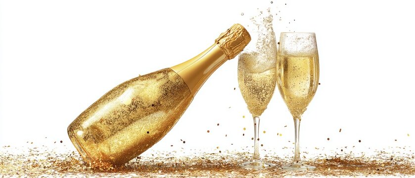 Champagne bottle and glasses with bubbles.