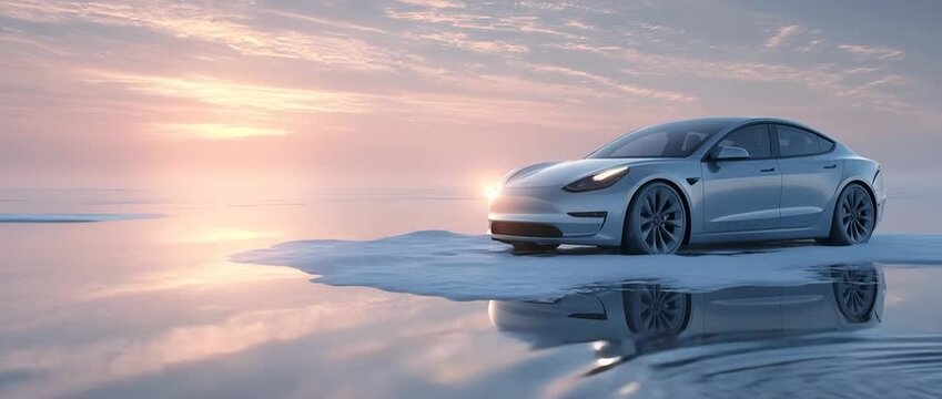 Elektroauto auf treibender Eisscholle bei Sonnenuntergang &ndash; Symbol f&uuml;r Hoffnung und Klimabewusstsein. K&uuml;nstliche Intelligenz KI