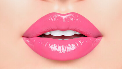 Fototapeta premium Glossy pink lips with a slight smile against a neutral background 
