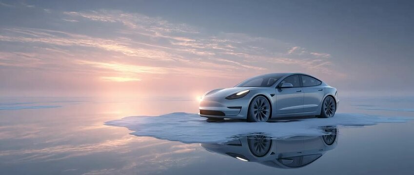 Elektroauto auf treibender Eisscholle bei Sonnenuntergang &ndash; Symbol f&uuml;r Hoffnung und Klimabewusstsein. K&uuml;nstliche Intelligenz KI