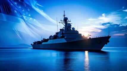 Silhouette of a warship sailing on the water with a national flag and the sun setting in the background on a clear day.