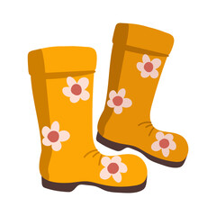 Vector illustration of cartoon orange rubber boots with floral pattern. Rubber boots for autumn rain. Accessory for autumn season.