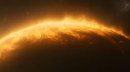 A close up view of a bright orange celestial body with a dark atmospheric background and some stars
