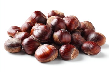 Obraz premium A sizable pile of glossy, dark-brown chestnuts, exhibiting natural variations in shade and texture, rests on a stark white background