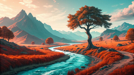"A vibrant, symmetrical fantasy world seen from a slightly elevated perspective. A river of glowing, organic textures flows through a landscape where cool teal and fiery orange mountains meet fields o