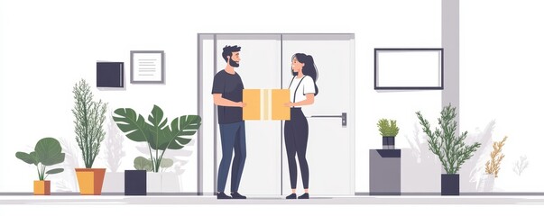 Client receiving a food package from the delivery man., Generative AI
