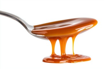 Fototapeta premium Dulce de leche spoon with caramel dripping elegantly, showcasing a sweet treat isolated against a clean white background
