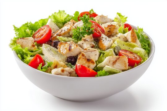 Delicious bowl of ensalada de gallina featuring chicken, fresh vegetables, and vibrant colors on a white background perfect for healthy meal options