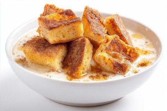 Delicious fattah bread pieces soaked in spiced milk and honey served in a bowl on a white background