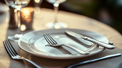 Elegant table setting with silverware, plate, and glasses