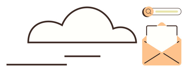 Cloud shape, envelope for email, and search bar representing data storage, communication, and access. Ideal for cloud computing, email, digital storage, data security search tools networking