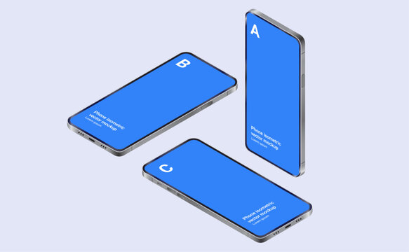 Set of three isometric vector mockups of modern smartphones in blue, arranged at different angles to showcase digital interface design or mobile application concepts. Vector illustration