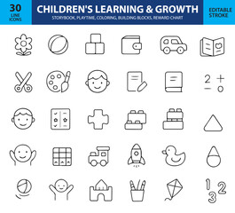 Children’s Learning and Growth Line Icons, ABC Blocks, Book, Puzzle, Plant, Brain, Graduation Cap, Crayons, and More , Editable Formats: AI, EPS, JPG, PNG , Ideal for Both Digital and Print Use

