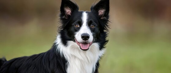Fototapeta premium Happy Border Collie with Black and White Fur in Outdoor Field During Sunny Day with Blurred Background