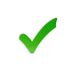 A single bright green check mark symbol with a glossy finish casting a subtle shadow on a clean reflective surface isolated on transparent background