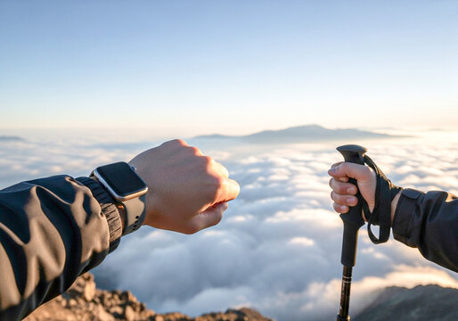 first person view of a climber wearing a smartwatch enjoying the summit view on top of a mountain, cloud in the morning, hiking extreme sport