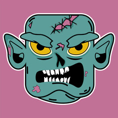 Funny cartoon zombie monster head illustration with a cute, evil smile and angry teeth, perfect for Halloween character art