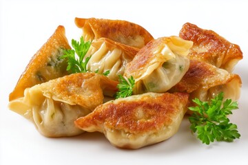 Fried kothe momo dumplings served on a white background with fresh greenery for garnish showcasing a traditional Nepalese treat