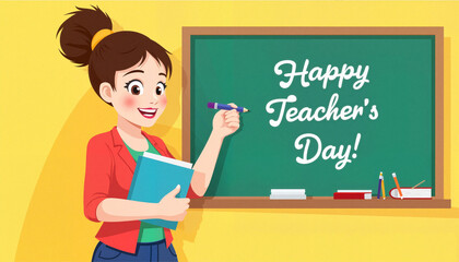 Cheerful woman educator holding a book and pointing at chalkboard  