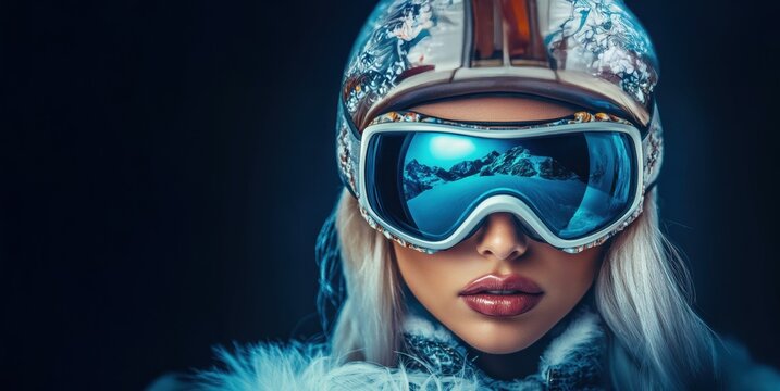 A stylish woman in futuristic ski goggles reflects snowy mountains, wrapped in a luxurious fur coat