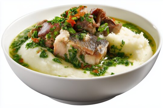 Delicious fufu paired with rich eru soup featuring tender meat and smoked fish served in a bowl, perfect for a traditional African meal experience