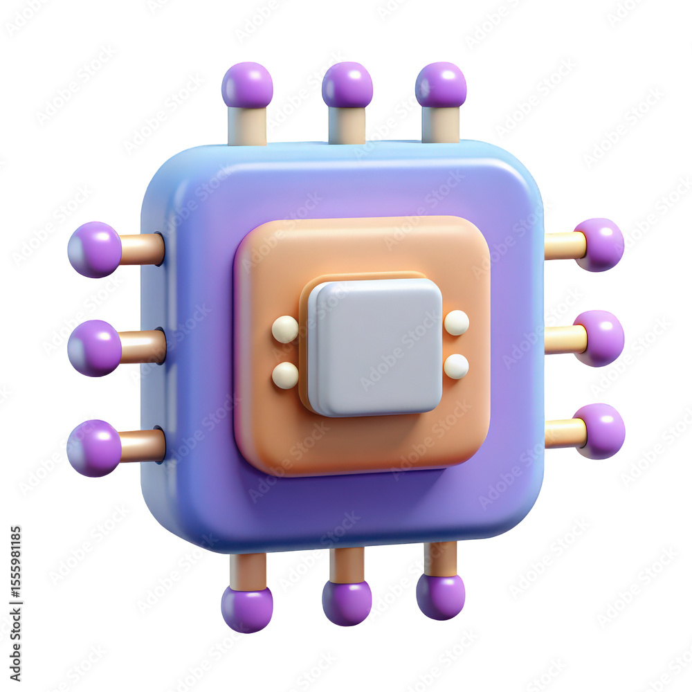 Poster abstract 3d render of a colorful microchip technology purple orange and white modern digital process