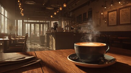 A cozy coffee shop interior bathed in warm sunlight with a steaming cup of coffee on a wooden table in the foreground.