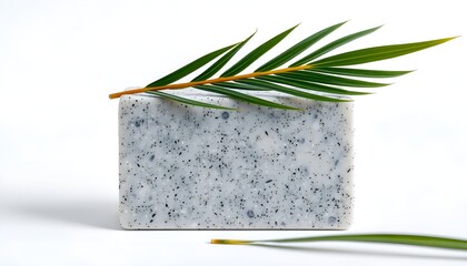 Minimalist Soap Bar with Palm Leaf on White Background