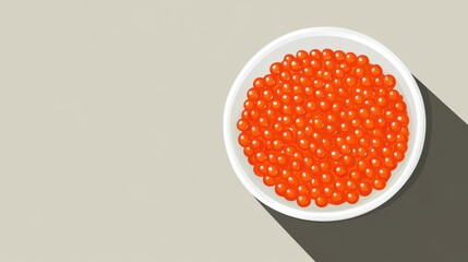 A bowl filled with bright orange salmon roe casting a long shadow on a light surface.