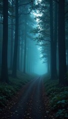Obraz premium Eerie, misty path winding through a dark forest, suggesting a ghostly presence Perfect for Halloween, mystery, or fantasy themes The faint trail disappears into the shadows , woods, fog