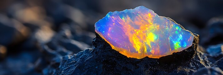 Close up of a colorful opal stone resting on a dark textured surface with a blurred background