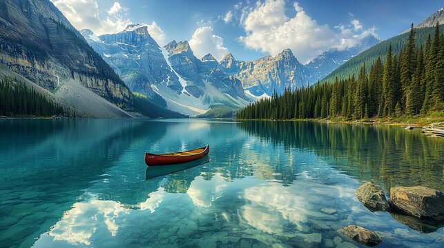 Serene mountain lake scene with canoe reflecting in crystal clear water