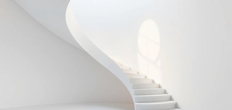 Sleek, white spiral staircase ascending against a clean backdrop, interior design, architecture