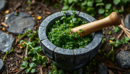 Stone Mortar and Pestle with Fresh Green Herbs in a Garden Setting