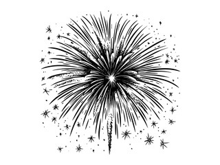 Black sketch firework in vintage retro style, old engraving technique, festive night celebration drawing, antique line art, holiday event illustration, seasonal classic design © Vintage Studio