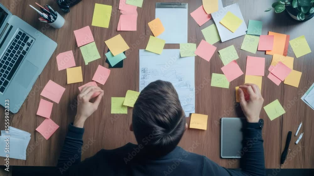 Poster Top view of a designer organizing colorful sticky notes on a storyboard, surrounded by reminders and working diligently on a project at a wooden desk, enhancing creativity and planning