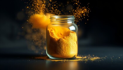 Turmeric powder explosion from a glass jar against a dark background