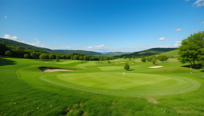 Obraz premium Scenic golf course landscape features green grass, rolling hills, blue sky, and serene mountain views on a sunny day.