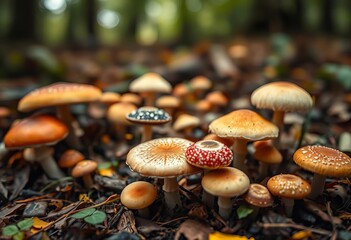Soft-focus seamless texture of various mushrooms on a blurred forest floor,  tileable,  background