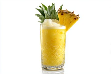 Delicious tropical guarapo de pia drink served in a tall glass with crushed ice and fresh pineapple garnish on a bright white background