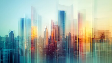 Futuristic cityscape with buildings appearing to warp from color channel misalignment 