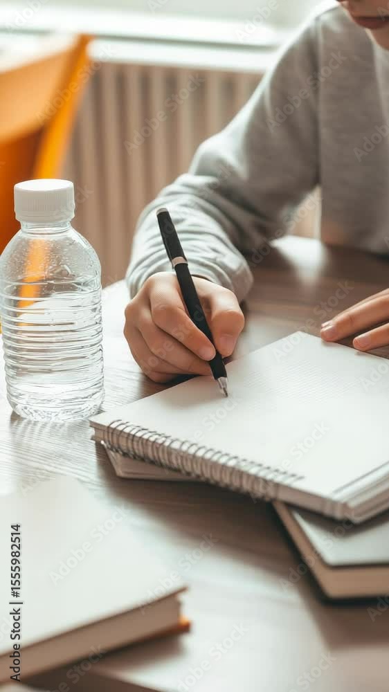 Poster schoolboy is writing notes on a notebook while studying at home, preparing for the back to school pe