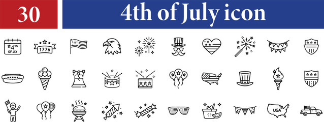 Vector art of 30 fourth of July icons are isolated on transparent background, featuring various patriotic symbols and elements for independence day celebrations