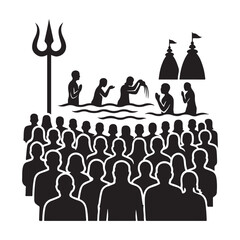 Kumbh Mela crowd bathing at riverbank, Silhouette Vector Art Illustration