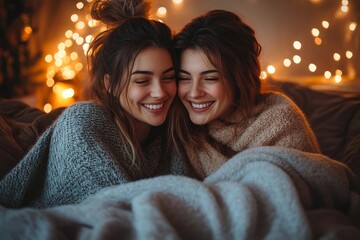 Two happy women lesbian couple watching series on the internet via touchpad, relaxing together., Generative AI