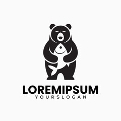 Simple Bear Holding Fish Logo Design in Black and White

